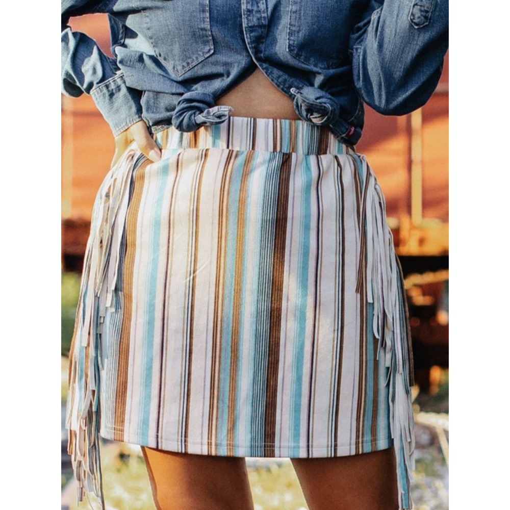 Grace & Emma Striped Faux Suede Fringe Pull On Stretch Skirt Women's Size XL NWT